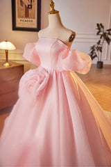 Pink A-Line Sweetheart Ball Gown Formal Dresses with Flowers, Off the Shoulder Evening Party Dresses