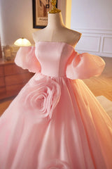 Pink A-Line Sweetheart Ball Gown Formal Dresses with Flowers, Off the Shoulder Evening Party Dresses