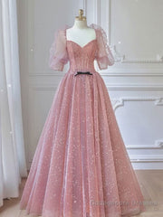 Pink A-line tulle lace long prom dress, pink lace formal dress