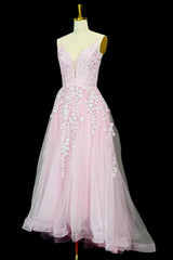 Pink A-line V Neck Spaghetti Straps Sweep Train Tulle Prom Dresses With Appliqued Beading