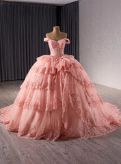 Pink Ball Gown Lace Tiers Prom Dresses