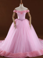 Pink Ball Gown Off The Shoulder Backless Tulle Wedding Dresses