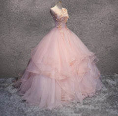 Pink Ball-Gown Organza Floor-Length Prom Dresses with Appliqued