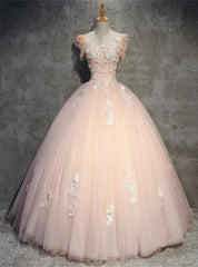 Pink Ball Gown Scoop Tulle Appliques Quinceanera Dresses