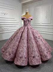 Pink Ball Gown Sequins Appliques Luxury Prom Dresses