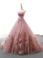 Pink Ball Gown Sweetheart Neck Tulle Appliques Wedding Dresses