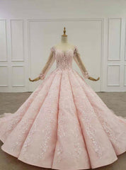 Pink Ball Gown Tulle Lace Appliques Long Sleeve Beading Wedding Dresses