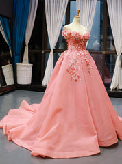 Pink Ball Gown Tulle Off the Shoulder Appliques Prom Dresses With Train