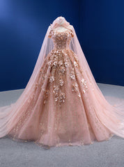 Pink Ball Gown Tulle Sequins 3D Appliques Prom Dresses With Shawl