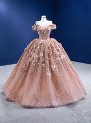 Pink Ball Gown Tulle Sequins 3D Appliques Prom Dresses