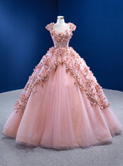 Pink Ball Gown Tulle Sequins Cap Sleeve Prom Dresses