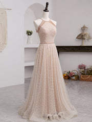 Pink Beaded Tulle Halter Long Formal Dress Evening Dress, Pink Long A-line Party Dress