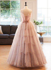 Pink Beaded V-neckline Tulle Party Dress Prom Dress, Tulle Layers Sweet 16 Dress