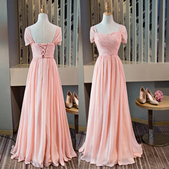 Pink Chiffon Cap Sleeves Long Bridesmaid Dresses, Floor Length Pink Party Dresses