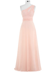 Pink Chiffon Floor Length A-Line One Shoulder Bridesmaid Dresses