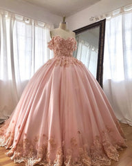 Pink Embroidered Lace Quinceanera Dresses Ball Gowns, Long Prom Dresses