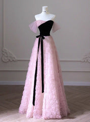 Pink Flower Strapless Black Velvet Prom Dresses