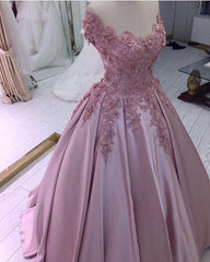 Pink Flowers Off Shoulder Satin Ball Gown Prom Dresses, Pink Evening Dresses Party Dresses