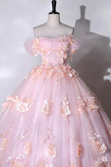 Pink Flowers Sweetheart Ball Gown Formal Dresses, Pink Long Sweet 16 Dresses