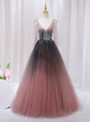 Pink Gray Tulle V-neck Beading Prom Dresses