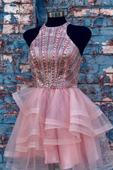 Pink Halter Beaded Short Homecoming Dresses,Wedding Party Dresses