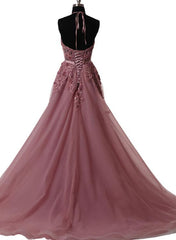 Pink Halter  Lace-up Long Formal Gown, Pink Party Dresses