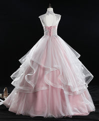 Pink High Neck Tulle Lace Long Sweet 16 Dress Tulle Lace Pink Prom Dress