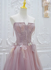 Pink Lace and Tulle A-line Prom Dresses with Flowers, Pink Tulle Party Dresses