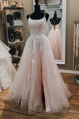 Pink Lace Appliques A Line Open Back Tulle Long Prom Dresses, Pink Lace Formal Graduation Evening Dresses