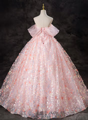 Pink Lace Cute Ball Gown Off Shoulder Sweet 16 Dresses, Pink Tulle Prom Dresses