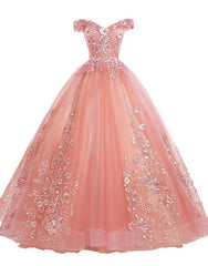 Pink Lace Flower Off Shoulder Sweet 16 Dresses, Pink Long Prom Dresses Quinceaner Dresses