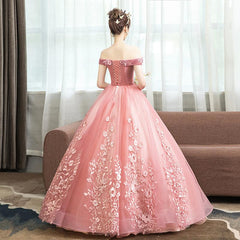 Pink Lace Flower Off Shoulder Sweet 16 Dresses, Pink Long Prom Dresses Quinceaner Dresses