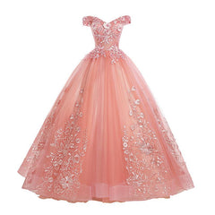 Pink Lace Flower Off Shoulder Sweet 16 Dresses, Pink Long Prom Dresses Quinceaner Dresses