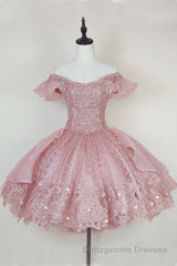 Pink Lace Homecoming Gown with Beading,Princess Off the Shoulder Hoco Dress