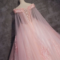 Pink Long Tulle with Lace Applique Ball Gown Sweet 16 Dresses, Pink Formal Dresses