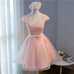 Pink Lovely Cap Sleeves Knee Length Formal Dresses, Pink Tulle Prom Dresses