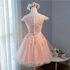 Pink Lovely Cap Sleeves Knee Length Formal Dresses, Pink Tulle Prom Dresses