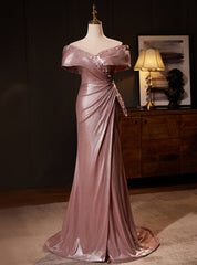 Pink Mermaid Off the Shoulder Pearls Prom Dresses