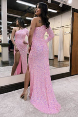 Pink Mermaid One Shoulder Sequins Prom Dresses