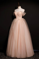 Pink Off Shoulder Beaded Tulle Long Party Dresses, Pink A-line Formal Dresses Prom Dress