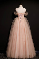 Pink Off Shoulder Beaded Tulle Long Party Dresses, Pink A-line Formal Dresses Prom Dress