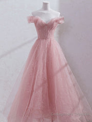 Pink off shoulder tulle sequin long prom dress, pink formal dress