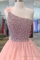 Pink one shoulder beads long prom dress pink evening dress