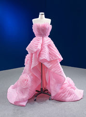 Pink Organza  Strapless Pleats Flower Prom Dresses