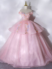 Pink Organza Off the Shoulder Embroidery Beading Quinceanera Dresses