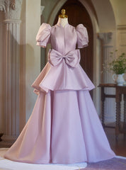 Pink Purple Satin High Neck Puff Sleeve Bow Prom Dresses