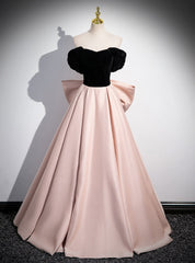 Pink Satin Black Velvet Off the Shoulder Bow Prom Dresses