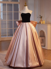 Pink Satin Black Velvet Strapless Prom Dresses