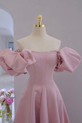 Pink Satin Long A-Line Prom Dress, Pink Puff Sleeves Formal Evening Dress