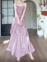 Pink Satin Mermaid Straps Long Formal Dress, Pink Floor Length Prom Dress